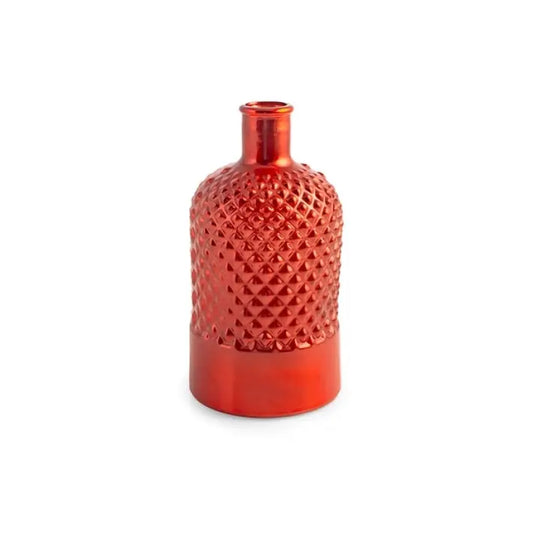 Vase bouteille RYC en verre recyclé à losanges, rouge métallisé, 22 cm