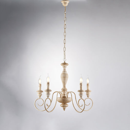 Lampadario in legno e ferro bianco e tortora 5 luci H.55 - MAX 115 - Ø60