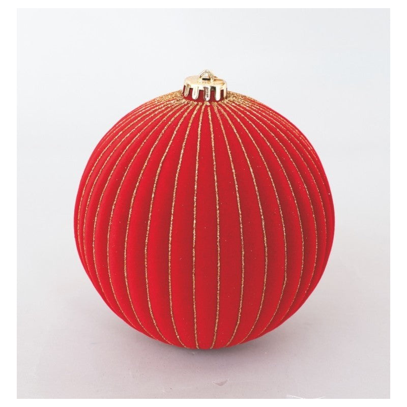 Sfera natalizia in velluto rosso con righe oro Ø15 cm