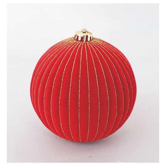 Boule de Noël en velours rouge à rayures dorées Ø15 cm