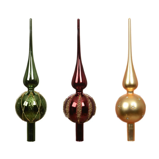 Puntale per albero di Natale in vetro rosso, oro e verde Ø8 × H31 cm – 1 pezzo assortito
