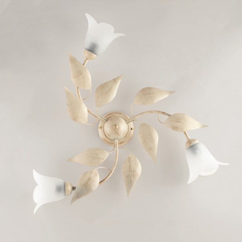 Plafoniera in ferro Avorio Oro tre luci vetri Alabastro Bianchi 67x h20 cm