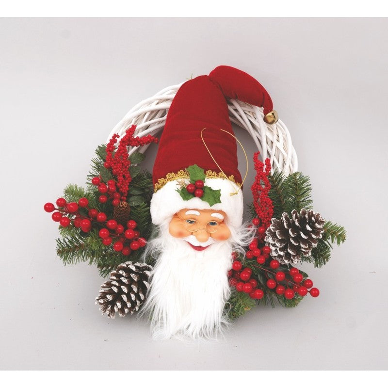Corona natalizia in vimini bianco Ø40 cm con testa di Babbo Natale