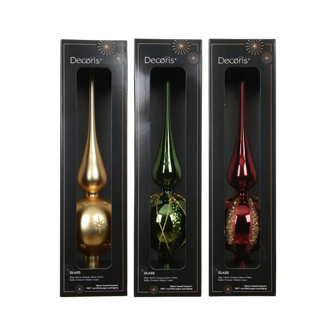 Puntale per albero di Natale in vetro rosso, oro e verde Ø8 × H31 cm – 1 pezzo assortito