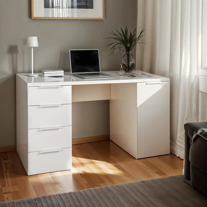 Bureau avec 4 tiroirs et 1 porte laquée blanc 146x60x75 h cm