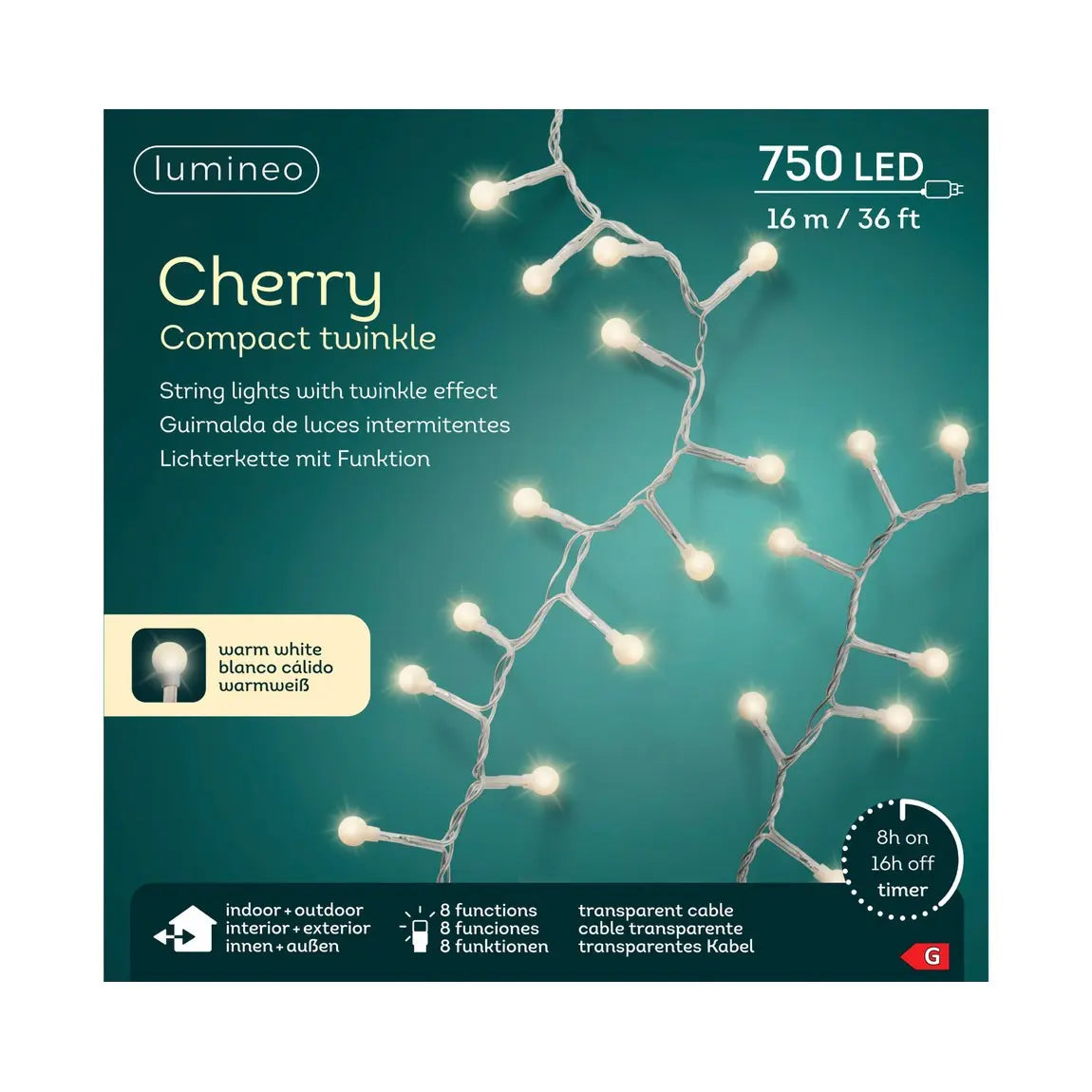 Catena luminosa LED Cherry trasparente luce bianco caldo da esterno 16 m