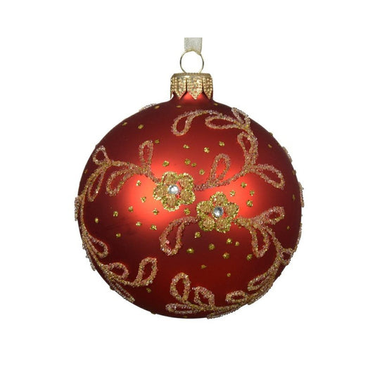 Pallina di Natale rossa con fiori glitter oro Ø8 cm