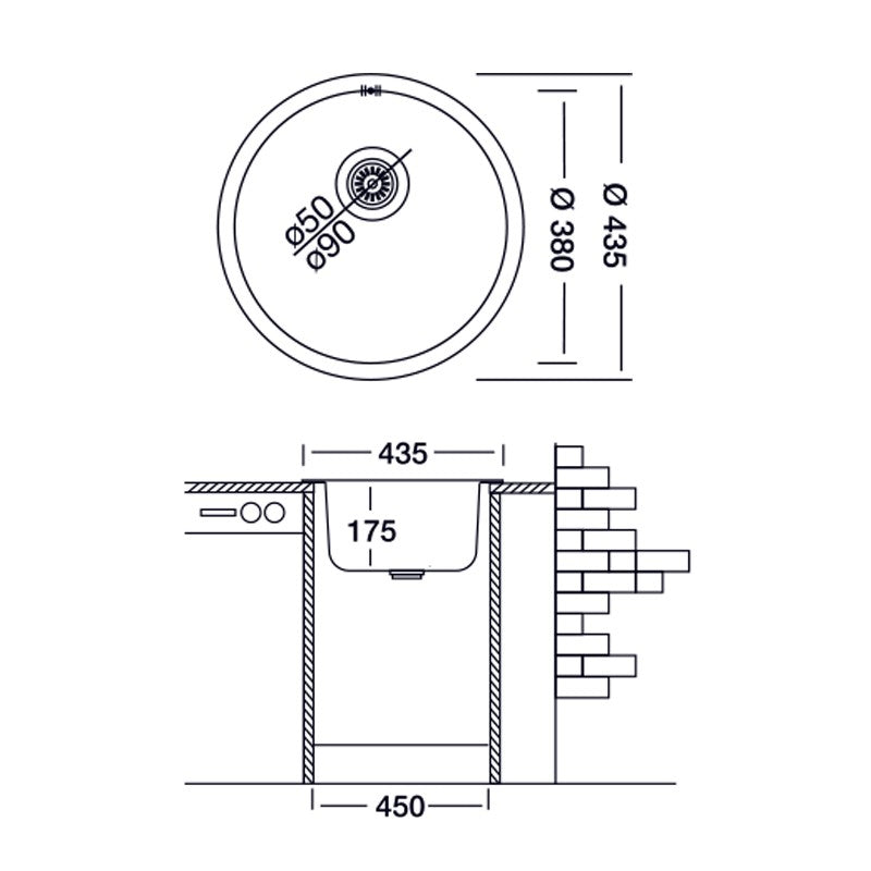 Lavello cucina a pozzetto in acciaio inox da incasso diam. 43.5 cm
