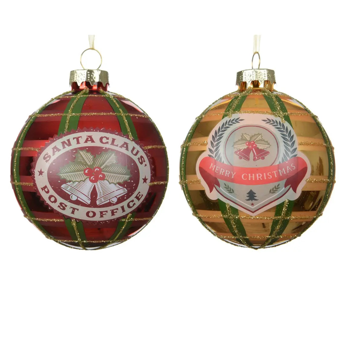 Sfera natalizia in vetro con decoro a campana Ø8 cm – 1 pezzo assortito