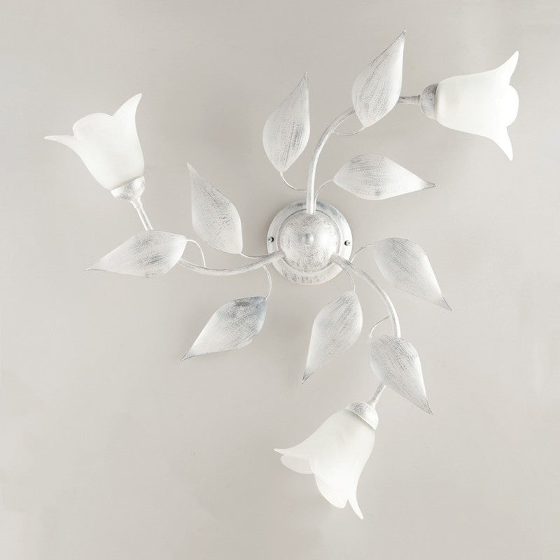 Plafoniera in ferro Bianco Argento tre luci vetri Alabastro Bianchi 67x h20 cm