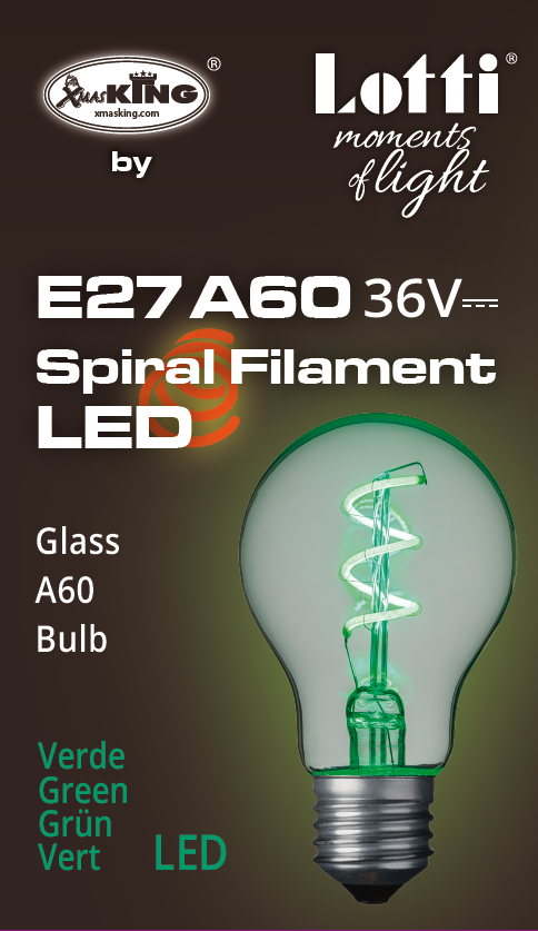 Lampada E27 36V goccia spiral 60mm Verde