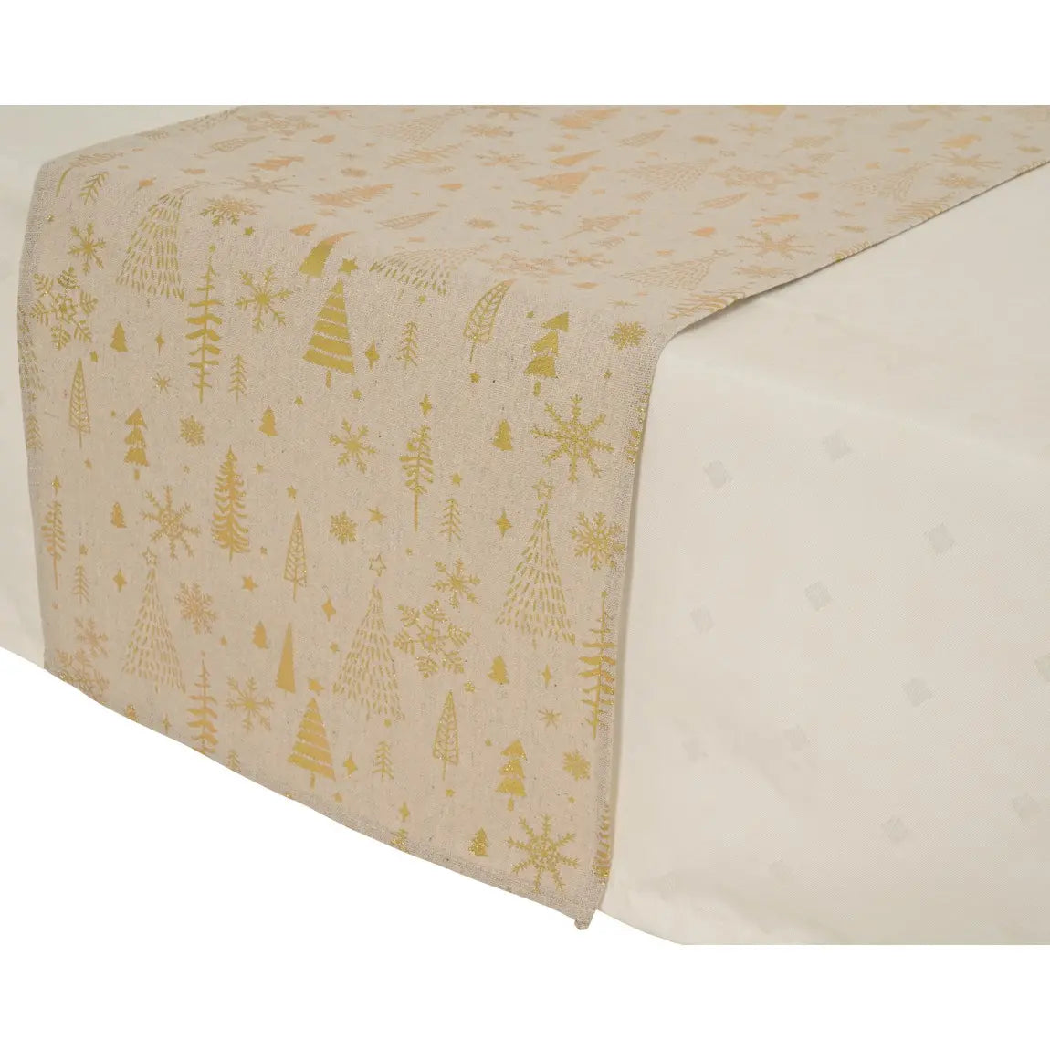 Runner da tavola beige con alberi, stelle e fiocchi 150 × 32 cm