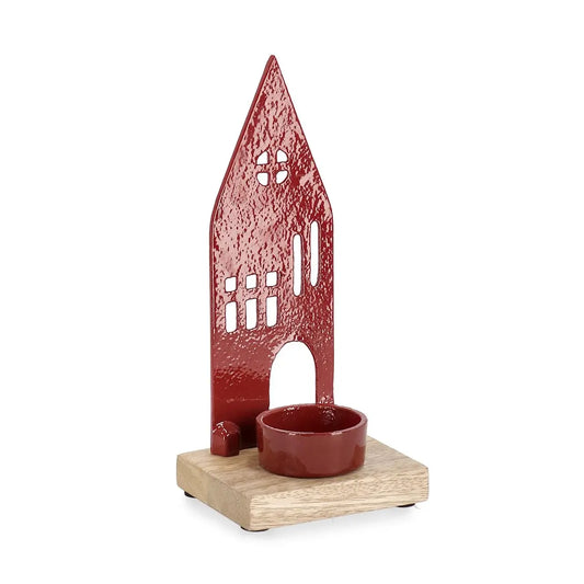 Bougeoir photophore Cornwall en forme de maison rouge H19 cm