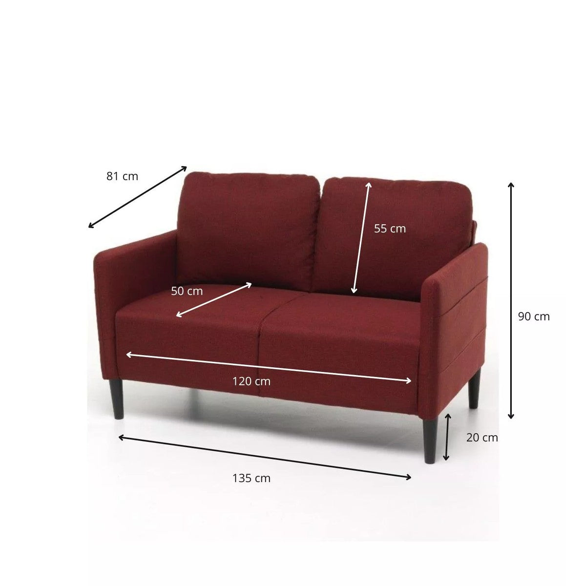 Canapé Poker 2 places en tissu rouge 135x81x90h cm