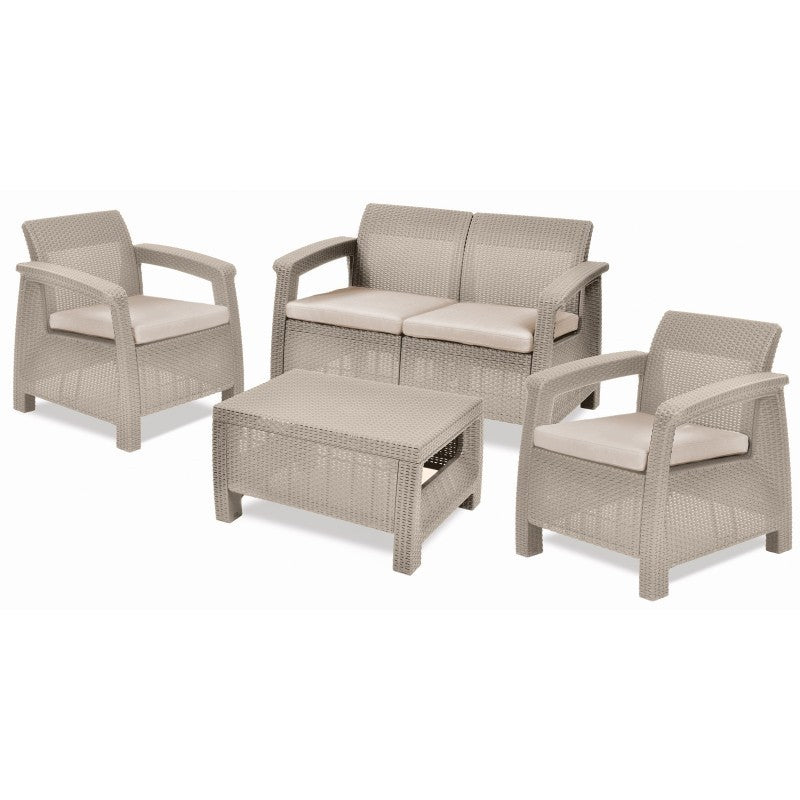 Ensemble salon cappuccino Keter Corfu avec canapé + 2 fauteuils et table basse