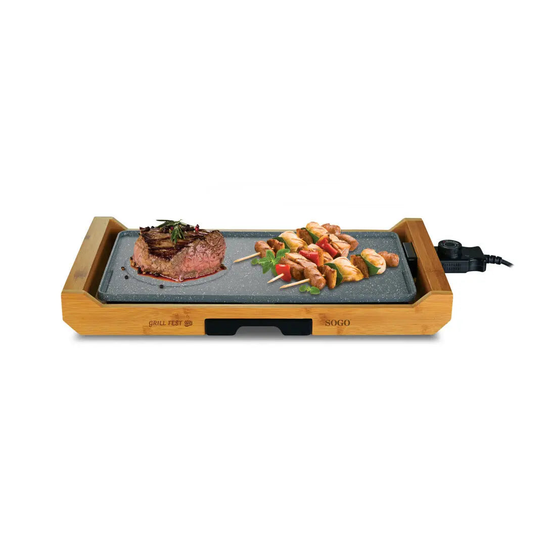 Plaque grill électrique 2200W avec socle en bambou 43x23 cm
