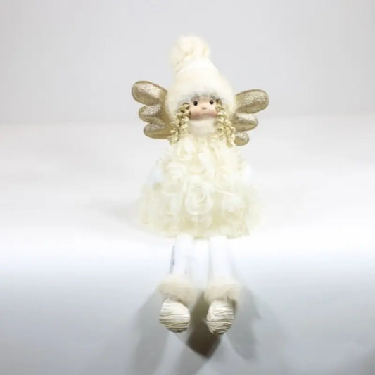 Fatina natalizia oro seduta con vestito a rose e gambe morbide H50 cm