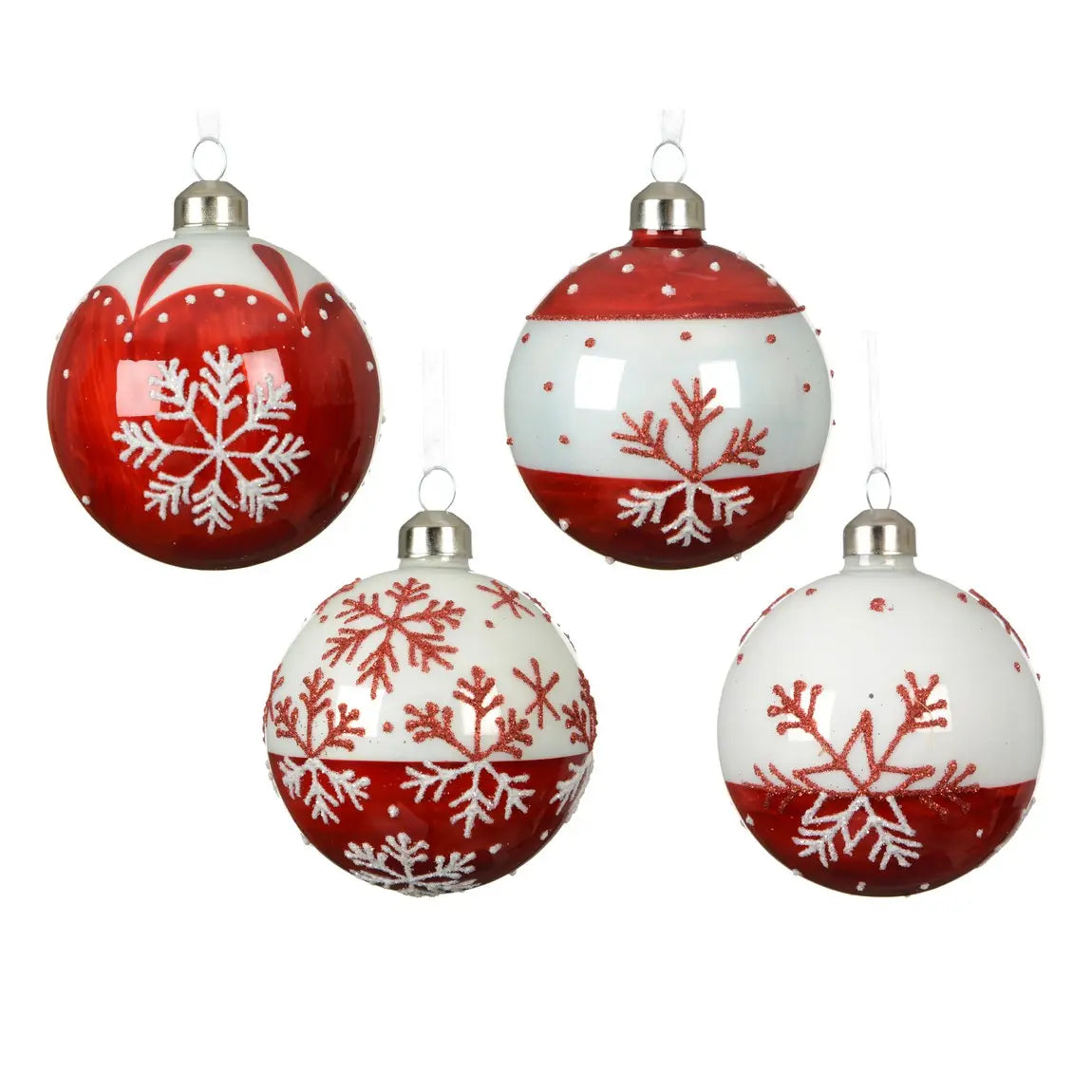 Sfera natalizia in vetro con fiocco di neve rosso e bianco Ø8 cm – 1 pezzo assortito