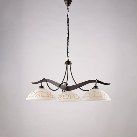 Lampadario ferro nero effetto ruggine, vetro bianco e ambra, 3 luci