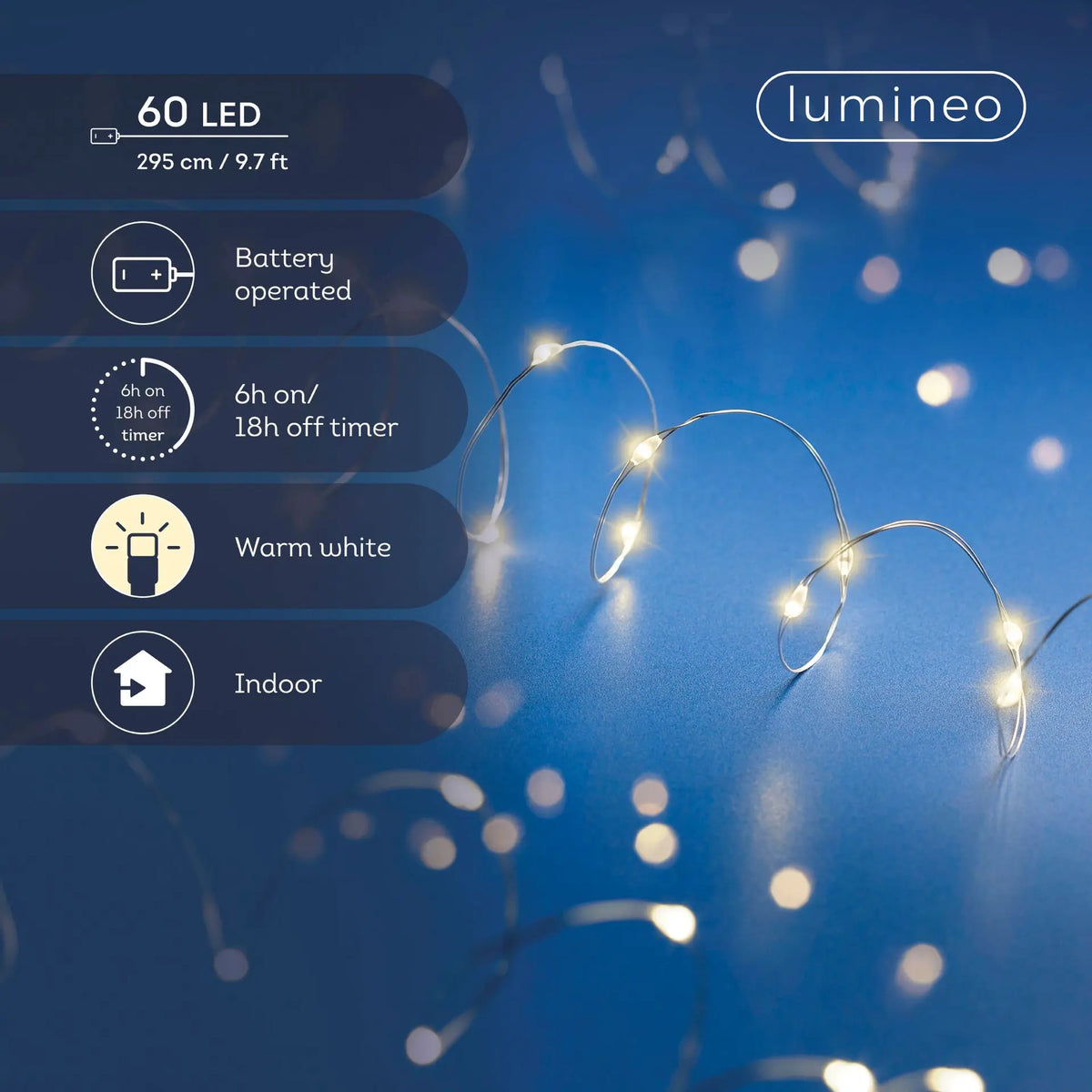 Catena micro LED filo argento luce bianco caldo 295 cm da interno