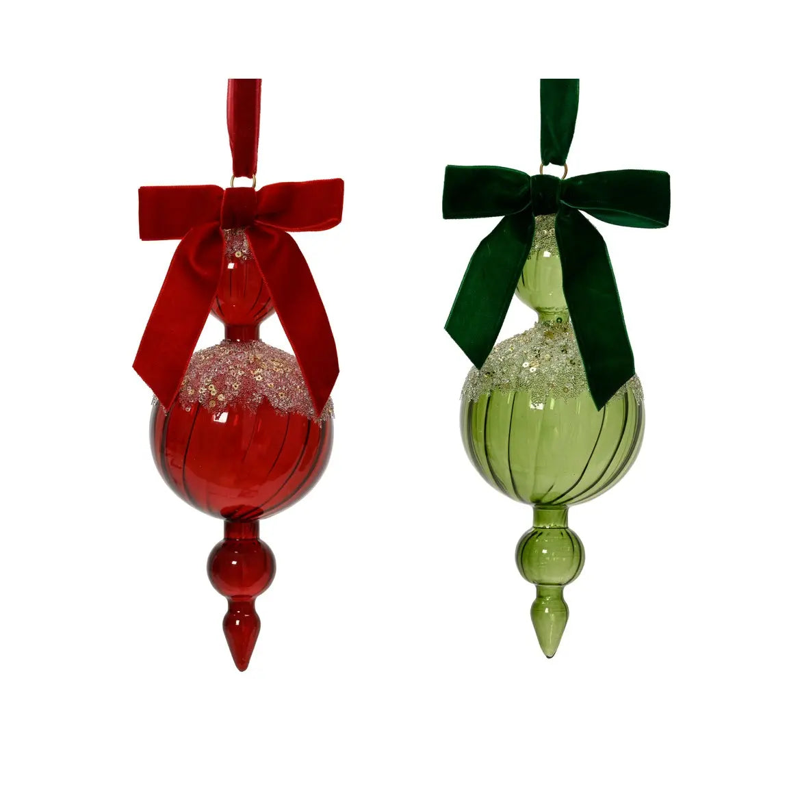 Decorazione natalizia in vetro verde e rossa a coste con glitter Ø9 × H25 cm – 1 pezzo assortito