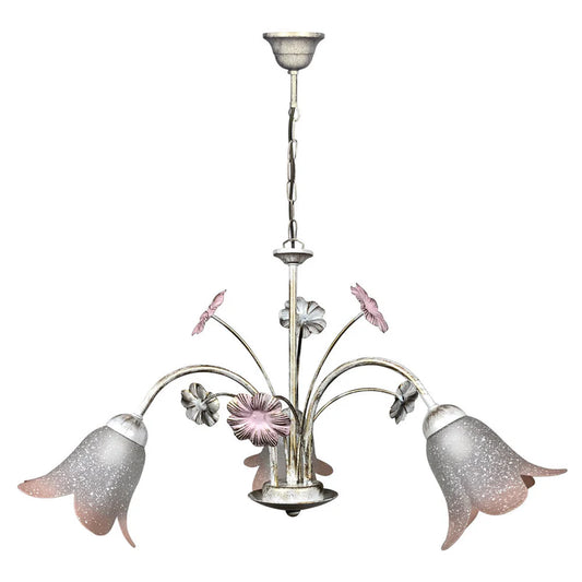 Lampadario Vera E-Energy 3 luci E14 bianco oro con vetri bianco sfumato rosa