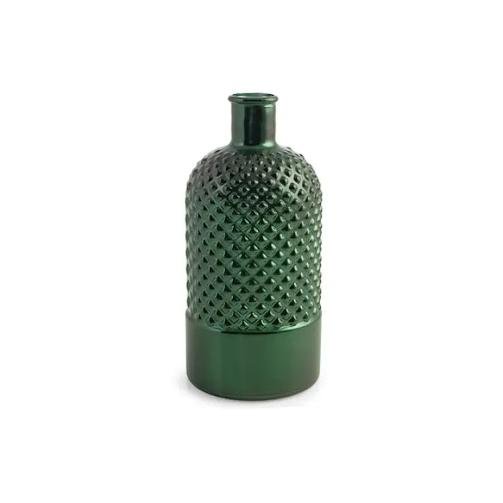 Vase bouteille RYC en verre recyclé à losanges, vert métallisé, 28 cm