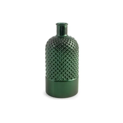 Vase bouteille RYC en verre recyclé à losanges, vert métallisé, 28 cm