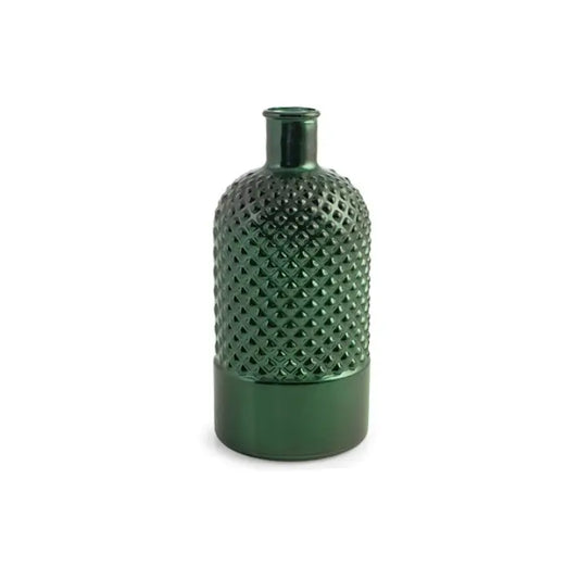 Vase bouteille RYC en verre recyclé à losanges, vert métallisé, 28 cm