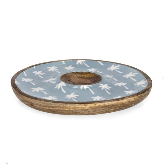 Bizzotto antipastiera Keran azzurra Ø39x4h con decoro palme in legno di mango