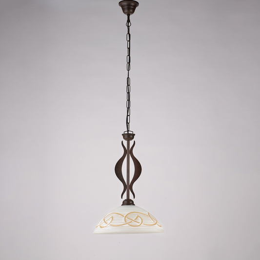 Lampadario ferro nero effetto ruggine, vetro bianco e ambra, 1 luci