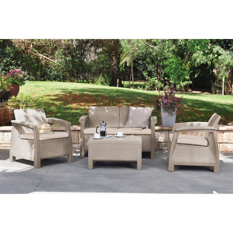 Salon de jardin coufù Keter en rotin cappuccino avec canapé, 2 fauteuils et table basse