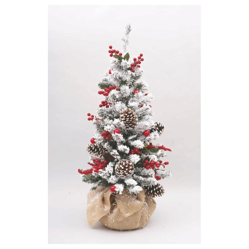 Albero di Natale verde in PVC H90 cm con rami innevati e bacche rosse