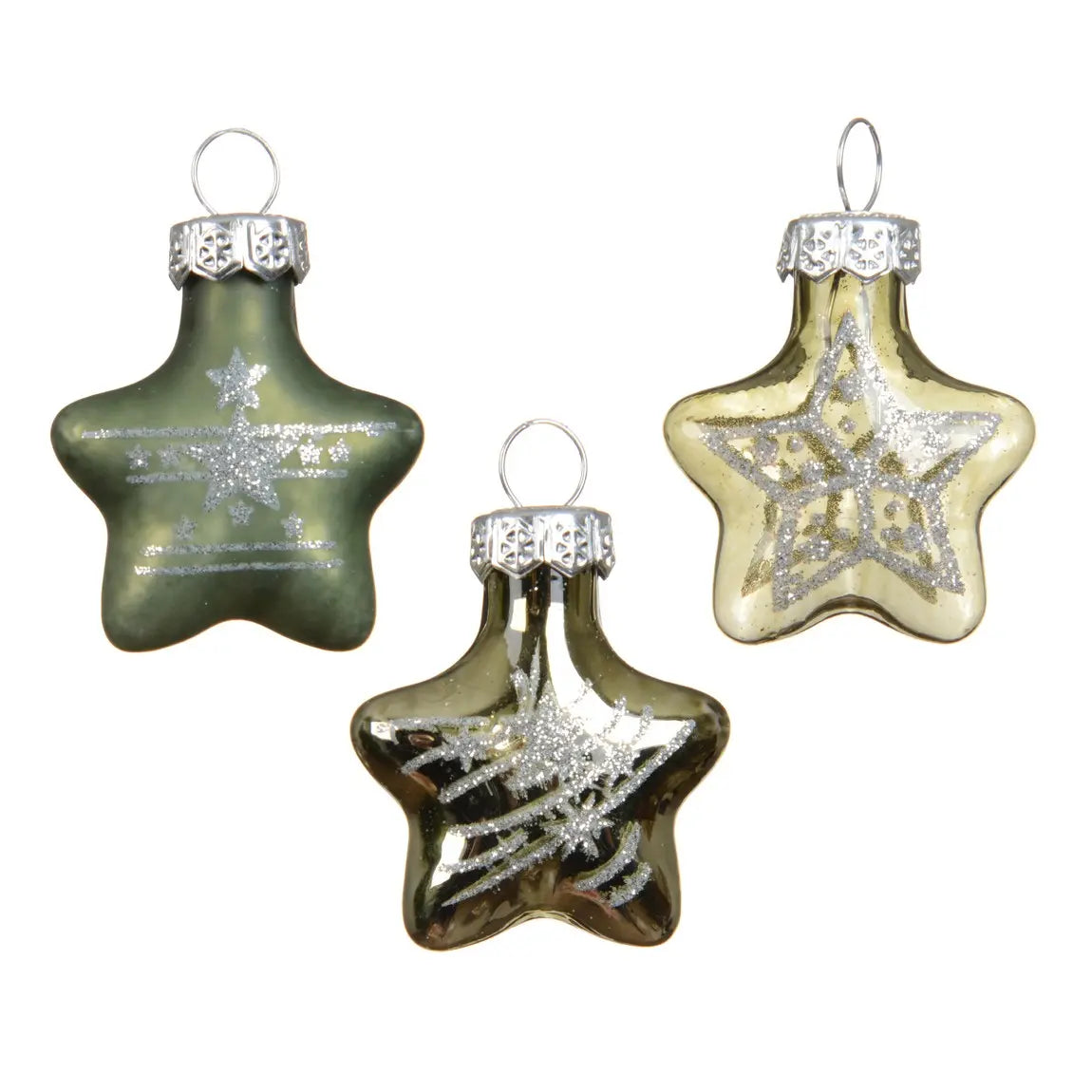 Box 9 stelle di Natale in vetro verde pino lucide e opache H3 cm