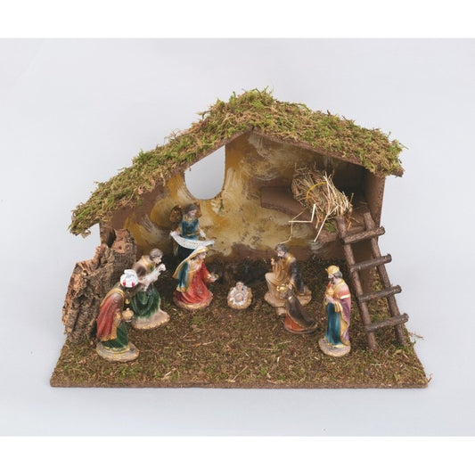 Crèche de la Nativité en bois 55 × 35 × H36 cm avec 10 figurines en résine