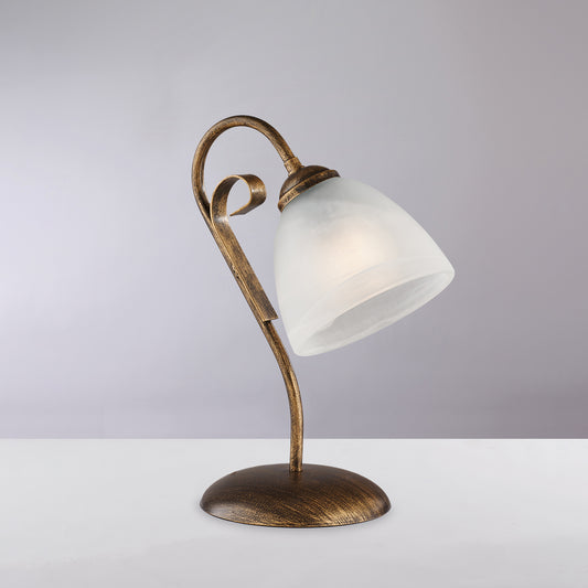 Lumetto in ferro laccato marrone con decorazione oro antico e diffusore in vetro diametro 13 alabastro bianco 1 luce H.30 - Ø23