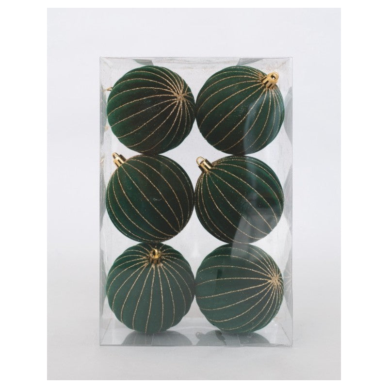 Set 6 sfere natalizie in velluto verde scuro con righe oro Ø8 cm